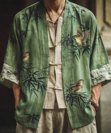 Men's Japanese Bamboo And Bird Art Pattern Linen Blend Kimono Cardigan