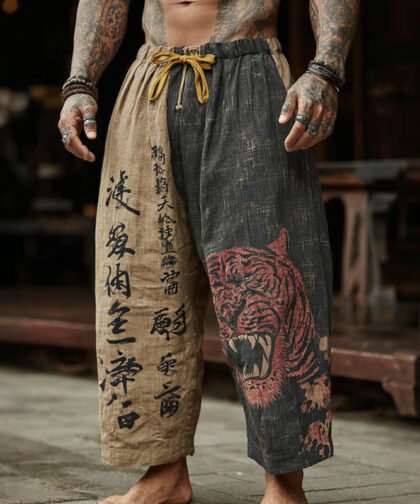 Men's Japanese Tiger Art Contrast Color Linen Pants