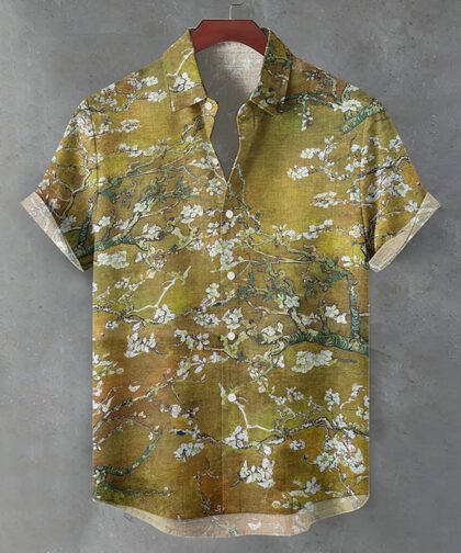 Men's Retro Floral Print Casual Short-sleeve Linen Shirt