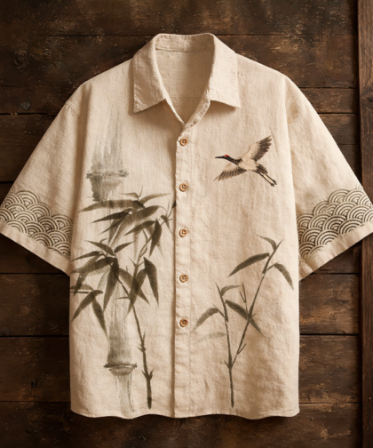 Men's Japanese-style Bamboo Pattern Linen Short-sleeved Shirt