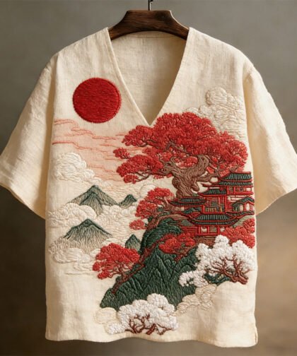 Men's Japanese-style Landscape Pattern Short-sleeved V-neck Shirt - Beige, M