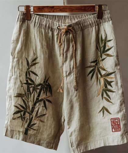 Vintage Japanese Bamboo Embroidered Linen Shorts