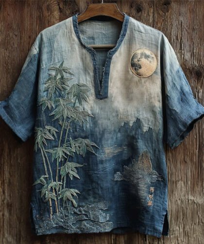 Men's Japanese Moonlit Bamboo Embroidery Art Linen Shirt
