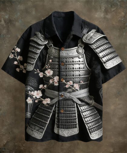 Japanese Samurai Armor Pattern Vintage Men's Linen Short Sleeve Shirt
