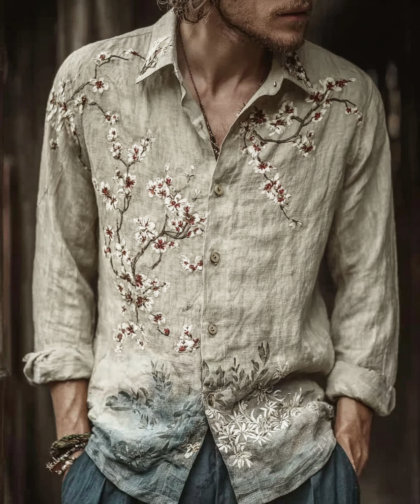Bohemian Retro Style Floral Print Men's Long-sleeve Shirt