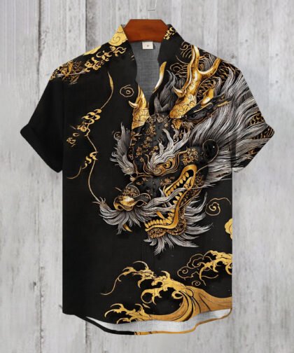 Japanese Dragon Totem Art Men's Casual Short Sleeve Shirt