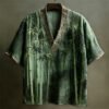 Japanese Bamboo Pattern Linen Short Sleeve V-neck Shirt