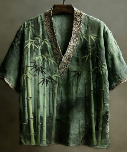 Japanese Bamboo Pattern Linen Short Sleeve V-neck Shirt