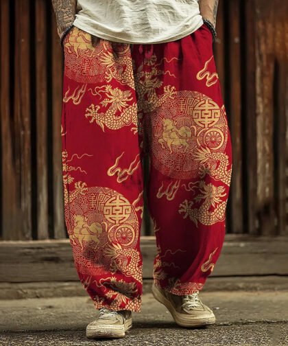 Men's Classic Traditional Gold Dragon And Bronze Coin Print Casual Pants