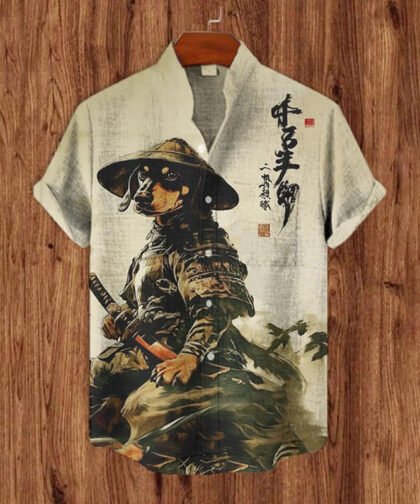 Men's Cool Dachshund Dog Samurai Print Short Sleeve Shirt