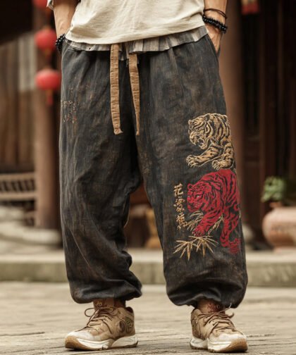 Men's Vintage Japanese Tiger Art Contrast Color Linen Pants