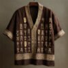 Vintage Geometric Text Art Linen V-neck Shirt
