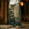 Men's Japanese Pine Trees Sea Waves Contrast Linen Pants