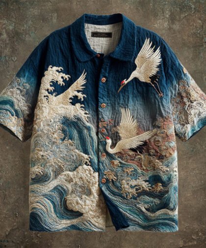 Vintage Japanese Crane Art Men's Linen Short Sleeve Shirt