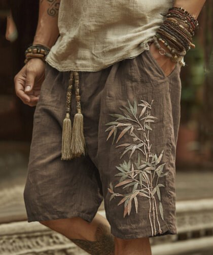 Japanese Bamboo Embroidery Art Linen Blend Casual Shorts