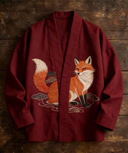 Japanese Fox Embroidered Totem Men's Linen Kimono