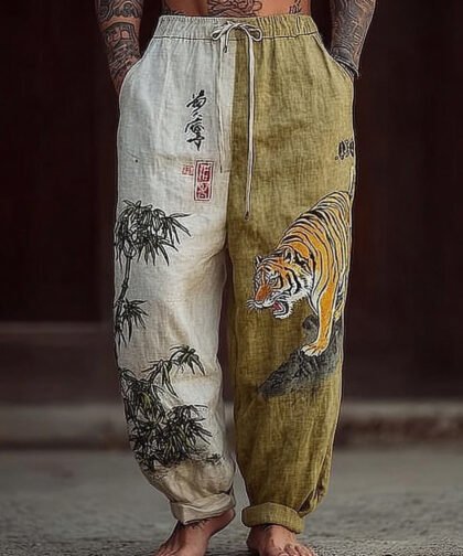 Men's Vintage Japanese Tiger Art Comfy Linen Pants