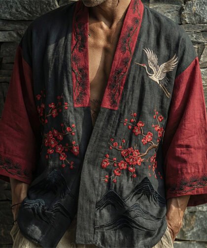 Japanese Cherry Blossoms Cranes Patchwork Art Linen Kimono Cardigan