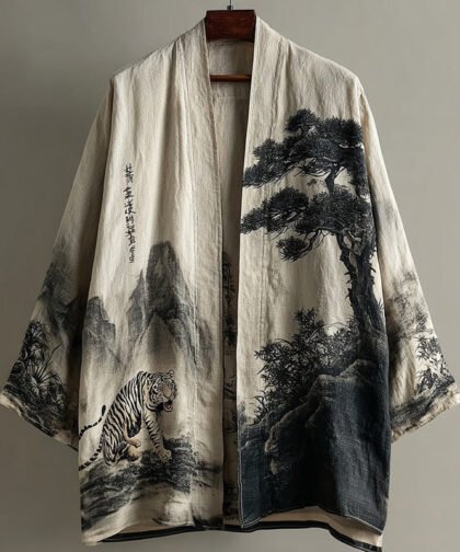 Retro Landscape Art And Tiger Pattern Casual Kimono Cardigan