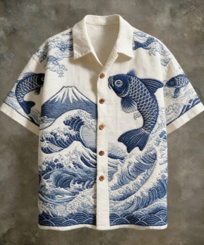 Men's Japanese Koi And Ocean Pattern Linen Short-sleeve Shirt