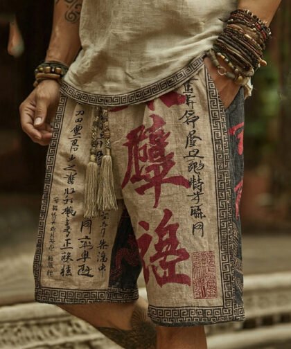Men's Retro Calligraphy Art Pattern Linen Blend Shorts