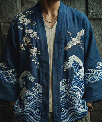 Japanese Cranes And Ocean Waves Art Linen Kimono Cardigan