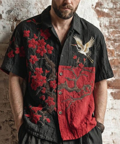 Men's Japanese Cherry Blossom And Crane Pattern Short Sleeve Shirt