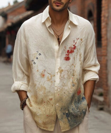 Men's Retro Floral Print Casual Long-sleeve Shirt