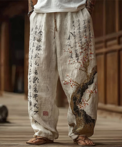 Japanese Art Style Sakura And Calligraphy Pattern Leisure Linen Long Pants