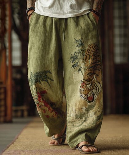 Men's Japanese Tiger And Bamboo Pattern Contrast Wide Leg Linen Pants