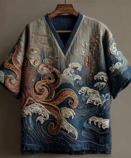Japanese Octopus Sea Waves Embroidered Gradient Linen Shirt