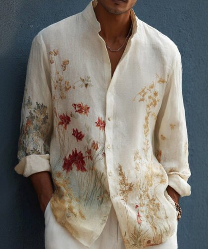 Men's Retro Floral Print Casual Long-sleeve Shirt