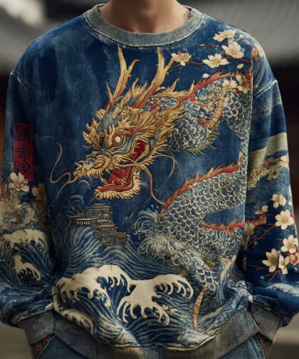 Men's Japanese Wave And Dragon Embossed Art Sweatshirt