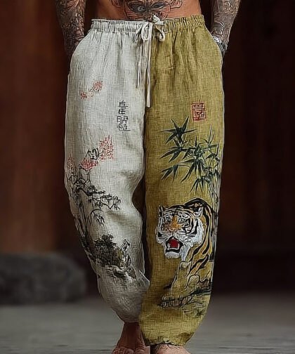 Men's Vintage Japanese Tiger Art Cozy Linen Pants