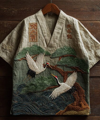 Japanese Cranes & Pine Tree Over Sea Waves Embroidered Linen Shirt