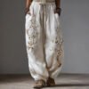 Men's Vintage Japanese White Plum Blossom Art Linen Trousers