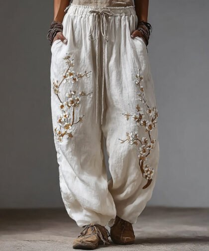 Men's Vintage Japanese White Plum Blossom Art Linen Trousers