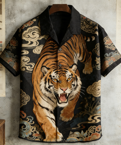 Japanese Art Vintage Tiger Pattern Men's Short Sleeve Shirt
