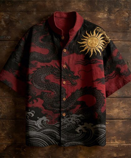 Japanese Ocean & Dragon Totem Men's Linen Short Sleeve Shirt