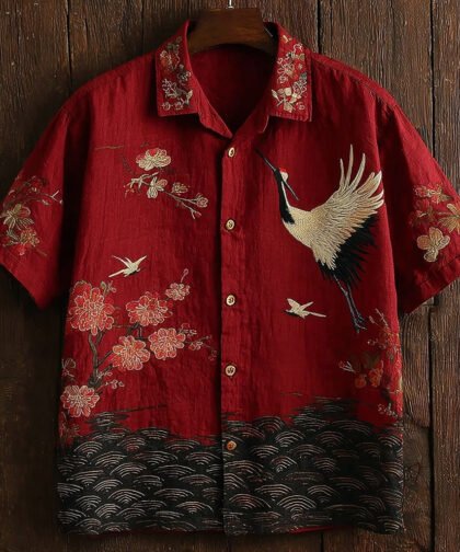 Men's Vintage Ripple Pattern And Crane Art Print Linen Shirt