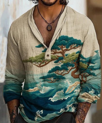 Men's Vintage Japanese Wave Pine Art Print Long Sleeve Linen Blend Shirt