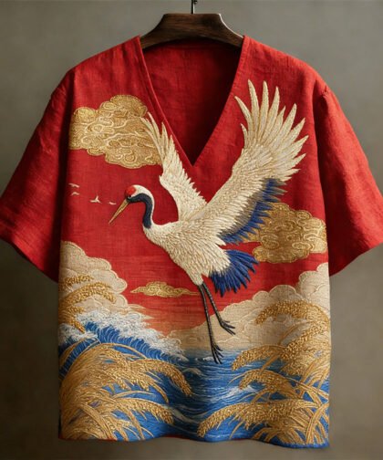 Men's Japanese Crane Pattern Linen Short-sleeve V-neck Shirt