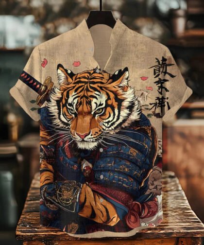 Men's Tiger Warrior Calligraphy Art Print Casual Shirt