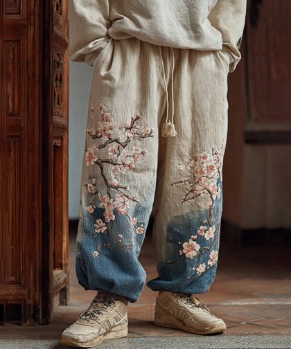 Men's Japanese Cherry Blossom Art Gradient Linen Pants