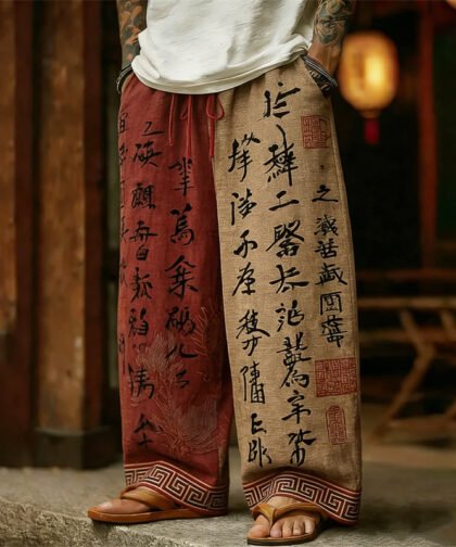 Men's Japanese Ancient Calligraphy Art Contrast Linen Pants