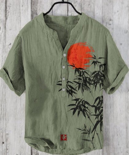 Japanese Bamboo Forest And Red Sun Art Linen Casual Shirt
