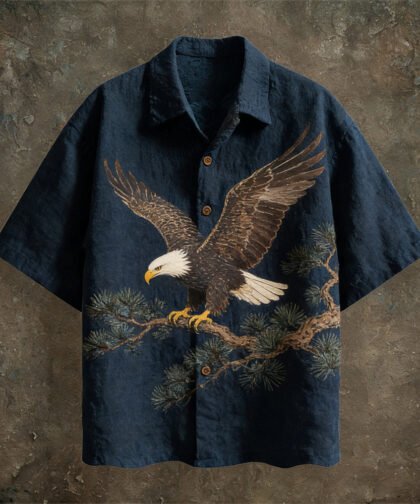 Japanese Animal Art Linen Short Sleeve Shirt