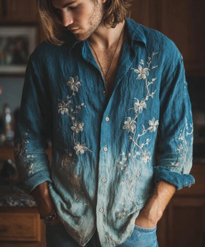 Japanese Style White Peony Gradient Leisure Linen Long Sleeve Shirt