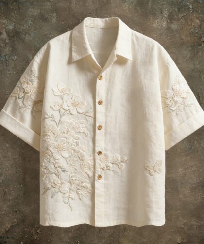 Vintage Lace Floral Pattern Linen Short Sleeve Shirt