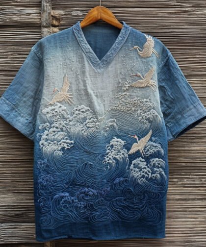 Japanese Waves & Cranes Embroidered Vintage Linen Shirt